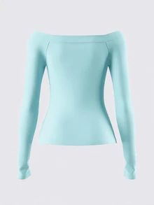 SHEIN BASICS 女款休閒極簡基本款性感素色露肩長袖修身正裝上衣 海軍藍 日常外出約會秋季上衣 - 薄荷綠 - 查看 5