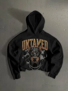 StoneGrade American Retro Doberman Dog English Letter Typography Fashion Print Pattern Men's Standard Size Black Short Loose Drop Shoulder Hoodie - Black - View 1