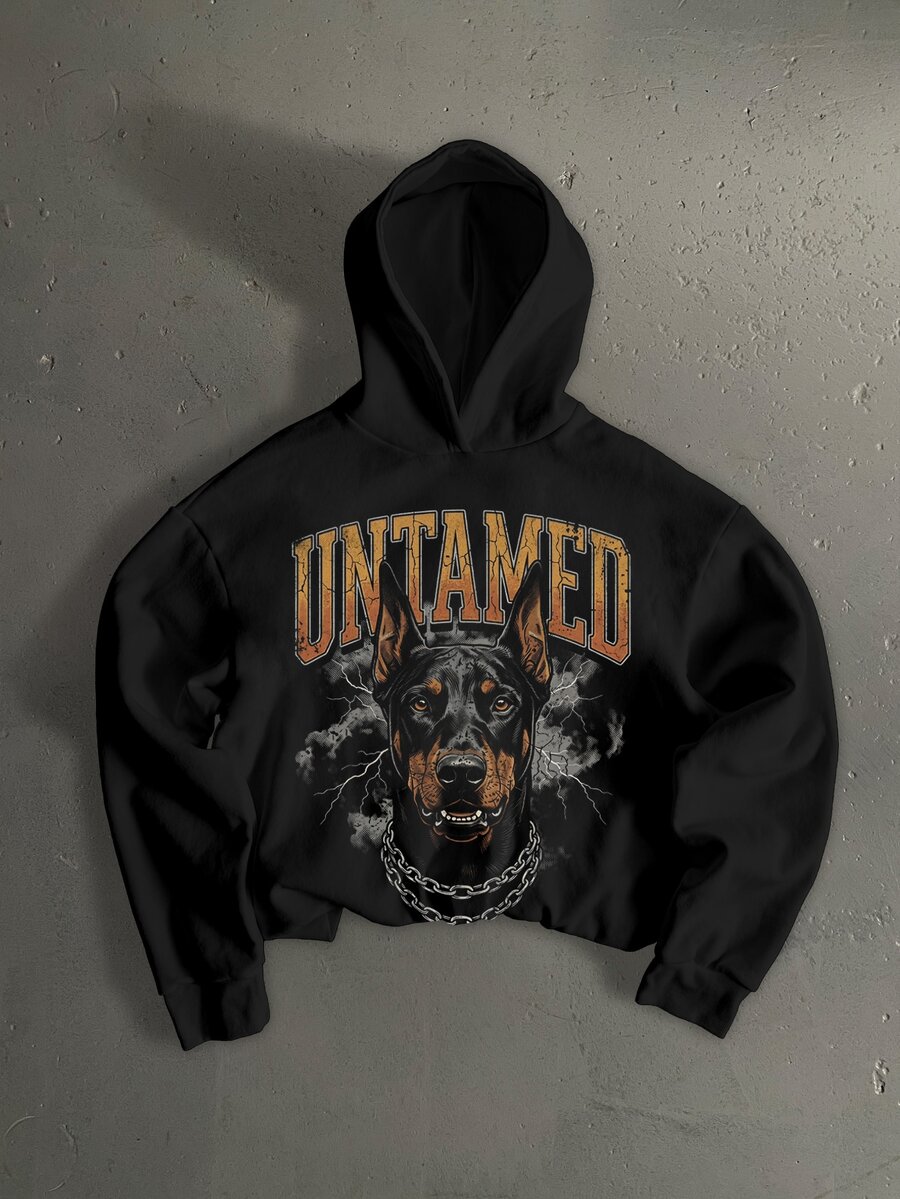 StoneGrade American Retro Doberman Dog English Letter Typography Fashion Print Pattern Men's Standard Size Black Short Loose Drop Shoulder Hoodie - Black - View 1