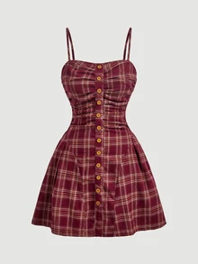 SHEIN MOD 女款格紋百褶休閒學院風 70 年代日常夏季迷你細肩帶洋裝 早午餐海軍藍 - 紅木色 - 查看 1