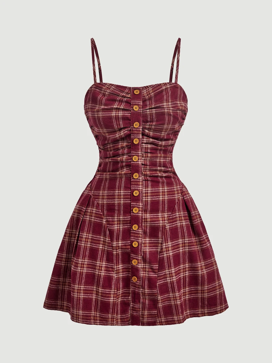 SHEIN MOD 女款格紋百褶休閒學院風 70 年代日常夏季迷你細肩帶洋裝 早午餐海軍藍 - 紅木色 - 查看 1