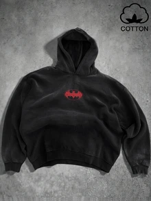 BATMAN X SHEIN Manfinity Roghcode Áo nỉ nam dáng rộng phong cách tối giản retro, thời trang đường phố trẻ trung INS, mặc thường ngày, phù hợp đi chơi - màu đen - Xem 2