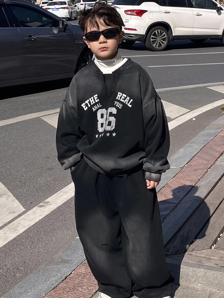 2pcs Kids Tween Boy Casual College Style Dark Gray Letter Graphic Hoodie & Dark Gray Straight Leg Sweatpants Set, Suitable For School, Home, Daily Wear, Sports, Versatile And Simple - Dark Grey - View 1