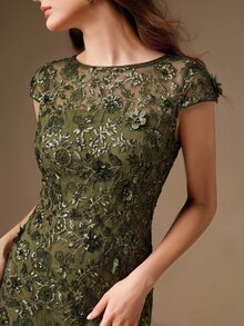Anewsta Affair 優雅綠色花卉刺繡網紗亮片短袖女款洋裝，適合派對、約會、度假 - 綠色 - 查看 1
