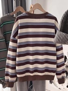 SHEIN 青少年女孩復古80年代棕色條紋配色印花圓領落肩抓絨運動衫，復古休閒校園秋季款 - 彩色 - 查看 4