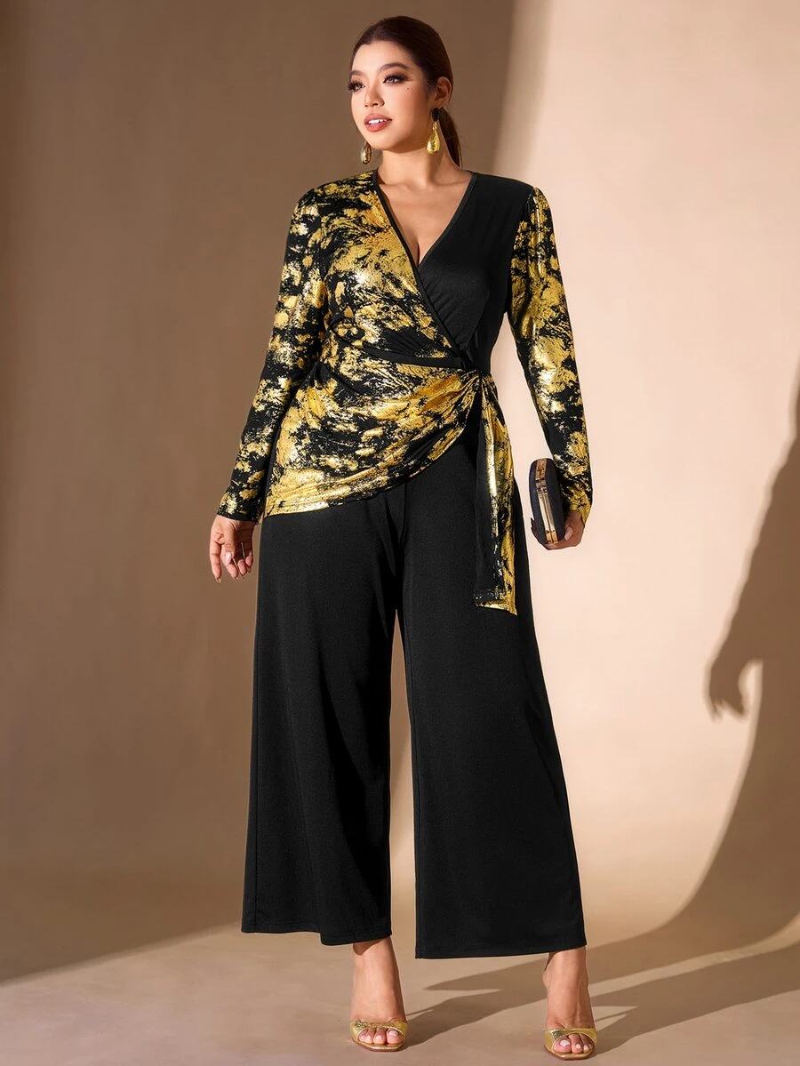 Cravure Elegant Fashion Party & Daily Streetwear Gold Random Print Plus Size Women's Jumpsuit - Multicolor - View 1