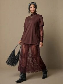Freevana 大尺碼女款蕾絲立領長袖透視貼身洋裝 - 鏽棕色 - 查看 4