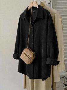 SHEIN LUNE Plus Size Women Solid Color Long Sleeve Casual Loose Fit Shirt Winter - Black - View 1