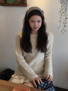 DAZY 女款蝴蝶結綁帶長袖拼色韓風針織衫 - 杏色 - 查看 4