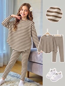 SHEIN 青少年女孩秋季套裝 3件/組 溫柔復古風，花卉長袖上衣、修身長褲，秋季返校穿搭 - 白色 - 查看 4