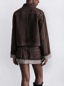 Maija Women's Button Long Sleeve Jacket And Pocket Skirt Denim Set - Brown - View 2