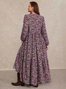 Freevana 女款大尺碼V領長袖長洋裝，碎花洋裝，收腰A字裙，優雅鄉村風穿搭，秋冬女裝 - 粉色 - 查看 2