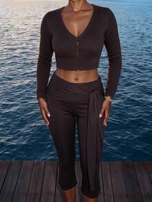 SHEIN Sports Women's Spring/Summer Solid Color Tight Waist Belt 7/10 Length Sports Leggings - Coffee Brown - View 4