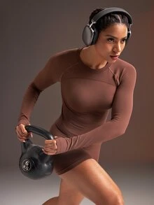 Powerista Bộ đồ thể thao nữ tối giản gồm áo dài tay kéo khóa và quần short - màu nâu - Xem 6