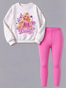 Young Girl Cartoon Graphic Print Sweatshirt And Leggings Set - Multicolor - View 3
