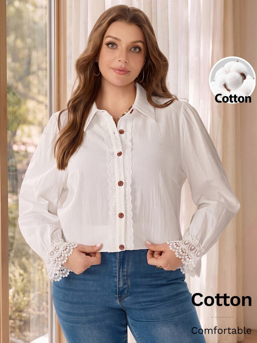 Rosumi Women's Plus Size White Lace Cuff Blouse - White - View 1