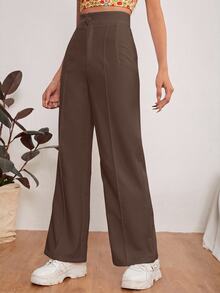 SHEIN PETITE Zipper Solid Dual Pocket Tailored Black Pants In Fall/Winter ,Petite Women - Coffee Brown - View 6