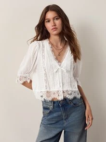 Willow Rêve Women's White V-Neck Lace Patchwork Button-Front Top - White - View 1