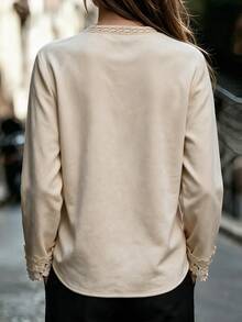 EMERY ROSE Women's Solid Color Contrast Lace V-Neck Long Sleeve Elegant Blouse - Khaki - View 2