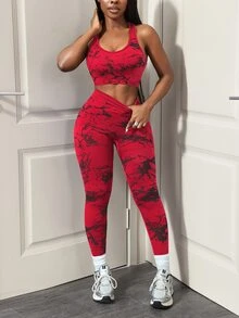SHEIN Core Rhythm 女款休閒背心與緊身褲運動套裝 - 紅色 - 查看 5