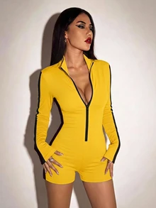 SHEIN ICON 女款修身連身褲，拉鍊高領前開襟設計，黃黑對比條紋，武術服裝，萬聖節穿搭，Comic-Con穿搭，約會之夜穿搭，休閒極簡運動街頭風，百搭派對聚會機場穿搭，Y2K上衣，秋冬穿搭 - 彩色 - 查看 3