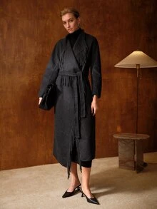 MOTF PREMIUM WOMEN'S ELEGANT TASSEL DECOR LONG SLEEVE OVERCOAT - Dark Grey - View 5
