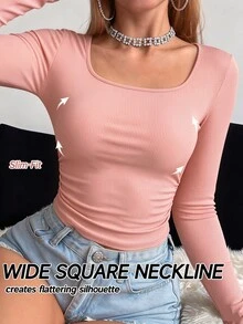 SHEIN Women's Solid Color Pleated Fitted Versatile Casual Top - Pink - View 5