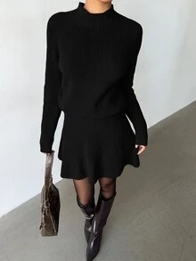 Elenzga 女款寬鬆休閒圓領紋理上衣與百褶裙兩件套 - 黑色 - 查看 4