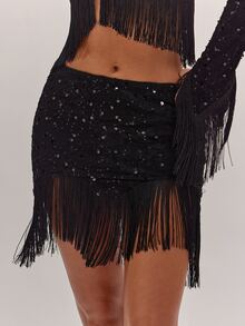 SHEIN BAE Women's Solid Color Sequin Tassel Hem Fashion Skirt - Black - View 3