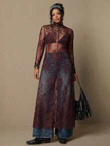 Freevana 大尺碼女款蕾絲立領長袖透視貼身洋裝 - 鏽棕色 - 查看 3