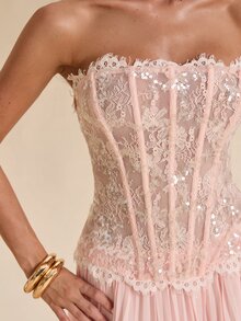SHEIN BAE Spring/Summer Solid Color Lace Bustier With Sequins, Similar To Bodysuit, Women's Top - Pink - View 4