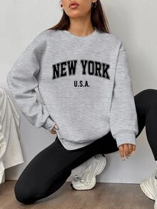 Solflare Plus Size Women's Letter Print Long Sleeve Top And Pants Casual Daily 2 Pieces Set - Light Grey - View 3