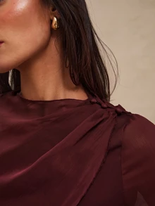 Glamine ملابس علوية نسائية أنيقة بلون موحد بتصميم غير متماثل، مناسبة للخروج والعشاء في فصل الخريف، باللون البني - عنابي اللون - مشاهدة 3