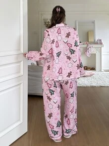 Slumberry CURVE Plus Size Women Sweet Christmas Gingerbread Man & Christmas Tree Print Collared Long Sleeve Pants Pajama Set - Multicolor - View 2