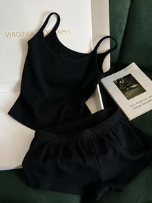 Franclia Women's Casual Vacation Solid Color Camisole Top And Shorts 2 Pieces Set - Black - View 4
