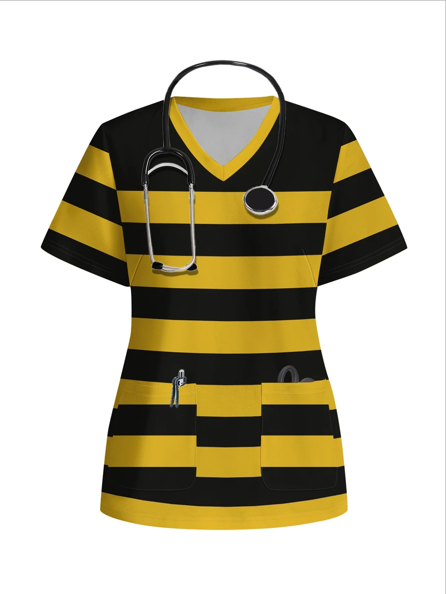 PopScrub Casual Minimalist Black & Yellow Striped Scrub Uniform Top - Multicolor - View 1