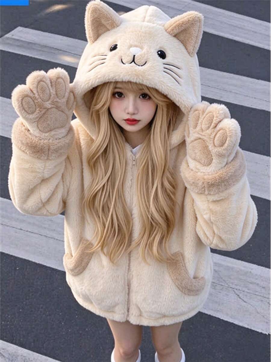 SHEIN 1件女款甜美風休閒外套,校園休閒穿搭,秋冬3D貓咪刺繡連帽寬鬆抓絨夾克 - 彩色 - 查看 1