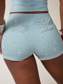 SHEIN BAE Women's Rhinestone Letter Raglan Short Sleeve Zipper Front Top And Shorts Fashion 2 Pieces Set - Sky Blue - View 6