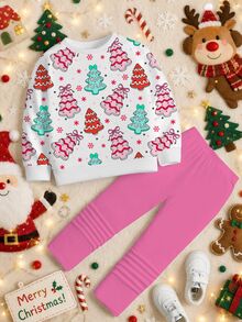 SHEIN Young Girl Casual Cute Christmas Tree Pattern, Polka Dot Snowflake, Sweet Cream Style, Round Neck Sweatshirt Elastic Waist Long Pants Set Suitable For Autumn/Winter Fleece Christmas, New Fall Styles, Chic, Fall Sets - Multicolor - View 3