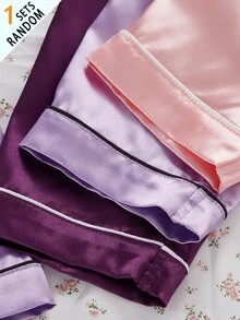 SHEIN 女童純色緞面簡約口袋愛心印花長袖開襟外套配長褲休閒居家服 3 套隨機發貨 1 - 淺灰紫 - 查看 7