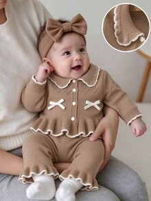SHEIN Baby Girl 2pcs Knit Sweater Set, Turn-Collar Cardigan, Camel/Khaki Color, Versatile Daily Wear, Handmade Bow, Exquisite Cute Knitted Pants, Comfortable For Outings And School - Khaki - View 1