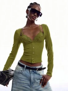 LYSMO Women's Solid Color Contrast Lace Long Sleeve 2 In 1 Sexy T-Shirt Concert Outfit For Women - Green - View 3