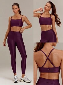 GLOWMODE Shimmer Ribbed Shiny Finish Adjustable Strap Sports Bra With Removable Cups Detachable Straps Low Impact Yoga Pilates Studio Daily Wear - Bold Plum - View 7