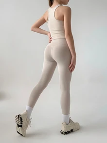 Dazy Kids Tween女孩修身喇叭休閒彈性鬆腿緊身褲，秋冬款 - 米色 - 查看 4