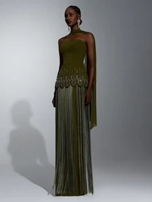 Elitara Elegant Army Green Knit Chiffon Strapless Evening Gown With Rhinestone And Bead Embellishments And Tassel Hem - Army Green - View 5