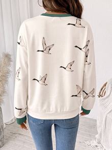 SHEIN LUNE 女款鳥圖案休閒日常穿著長袖運動衫 - 白色 - 查看 3