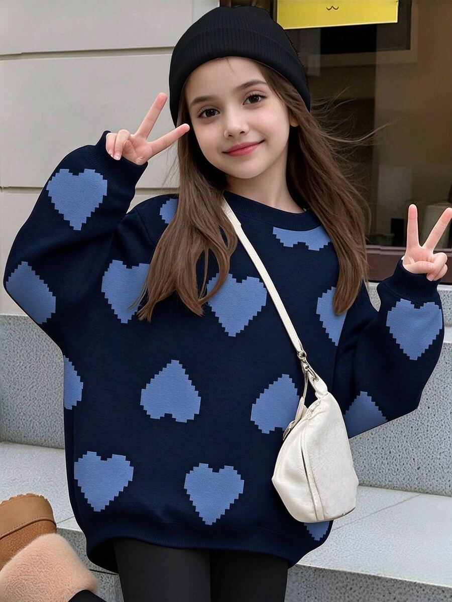 青少年女孩休閒簡約寬鬆圓領舒適長袖運動衫，適合秋冬，經典像素愛心圖案印花 - 白色 - 查看 1