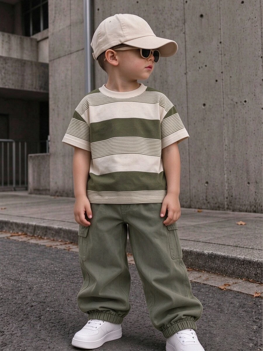 Young Boy Casual Minimalist Pattern Short Sleeve Crew Neck T-Shirt And Cargo Pants 2 Pieces Set, Suitable For Spring, Autumn, Summer, Minimalist Striped All-Over Print Design, First Choice For Little Boys In Spring, Autumn, Summer, Fashion Casual Wear, Streetwear For Spring, Autumn, Winter, Casual Outfits For Going Out, Back To School, Parties - Army Green - View 1