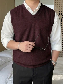 DAZY Autumn/Winter Burgundy V-Neck Knit Fabric Comfortable Korean Style Men's Plus Size Knit Vest - Burgundy - View 1