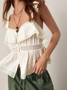 Willow Rêve Women's Lace Patchwork Ruffle Button Top - White - View 1